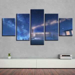 Train And Beautiful Starry Sky Night - Nature 5 Panel Canvas Art Wall Decor