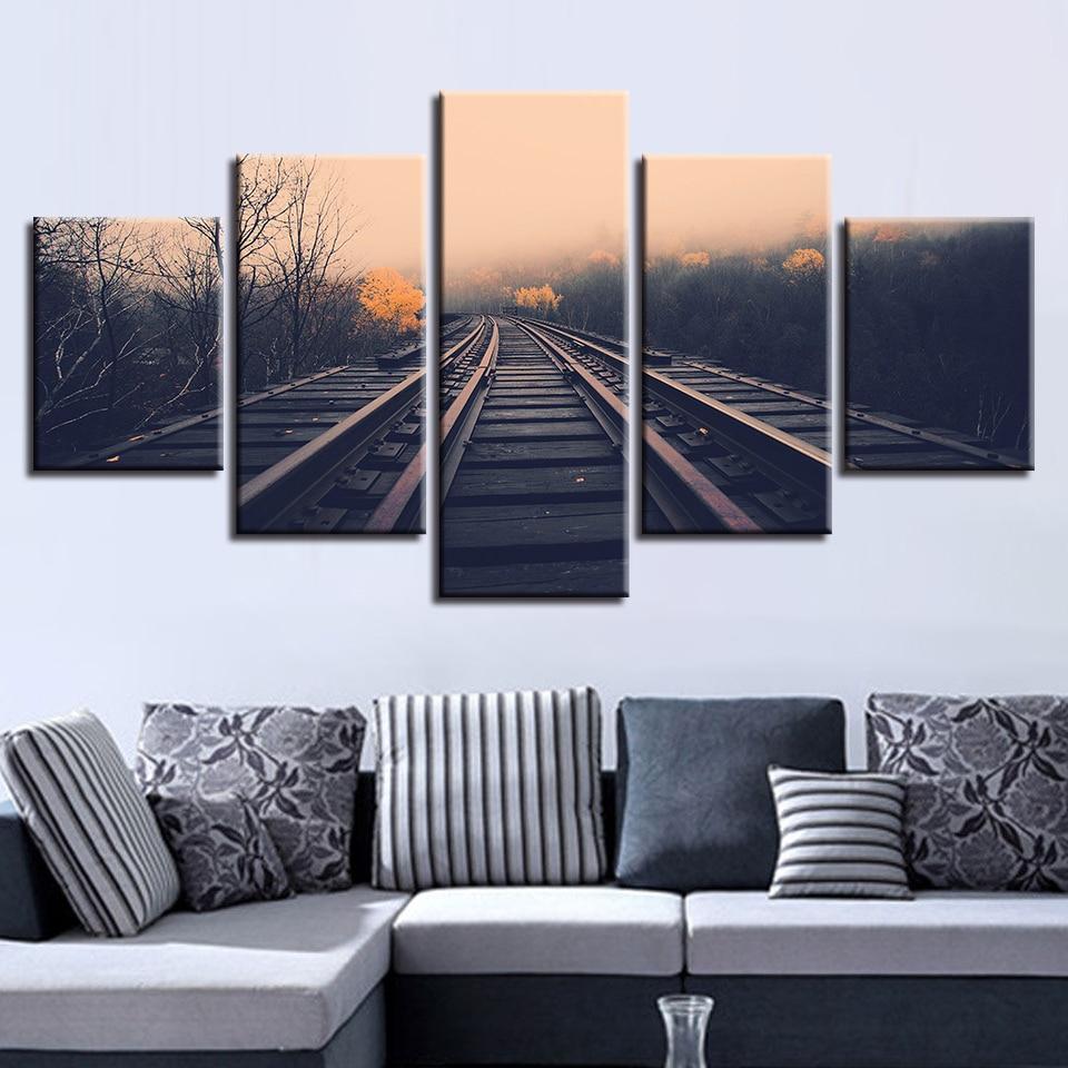 Train Tracks And Tree - Nature 5 Panel Canvas Art Wall Decor Train Tracks And Tree - Nature 5 Panel Canvas Art Wall Decor