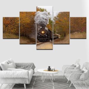 Trains And Trees Fall Scenery - Automative 5 Panel Canvas Art Wall Decor