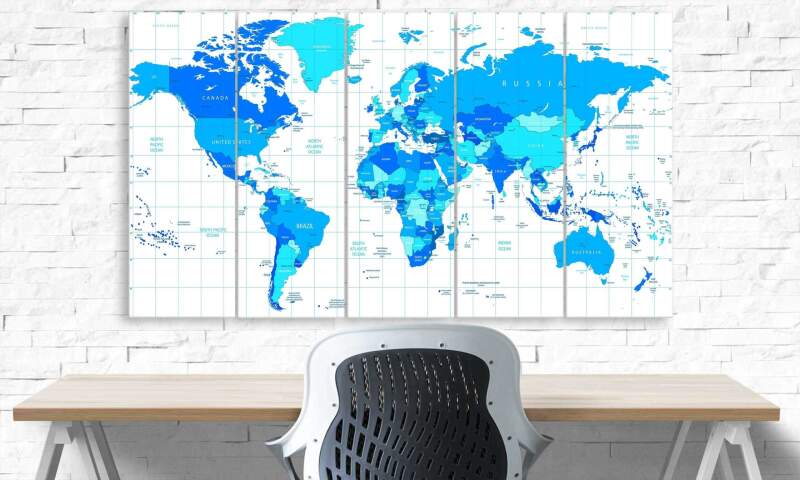 Travel Political World Map - World Map 5 Panel Canvas Art Wall Decor Travel Political World Map - World Map 5 Panel Canvas Art Wall Decor