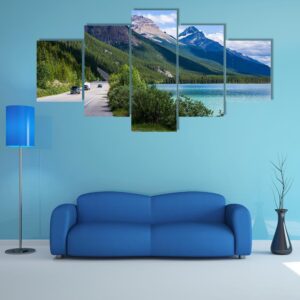Travelers Along Icefield Parkway With Waterfowl Lake - Nature 5 Panel Canvas Art Wall Decor