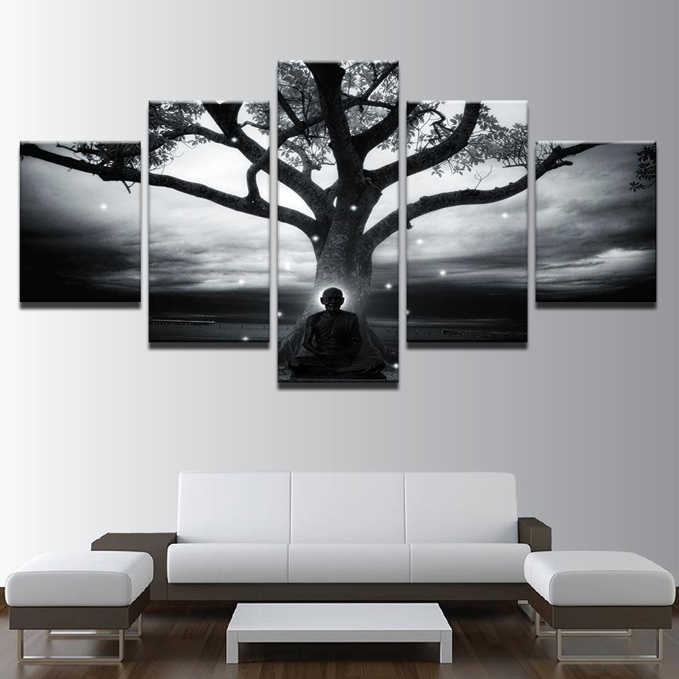 Tree And Buddha Abstract Meditation Monk - Religion 5 Panel Canvas Art Wall Decor Tree And Buddha Abstract Meditation Monk - Religion 5 Panel Canvas Art Wall Decor