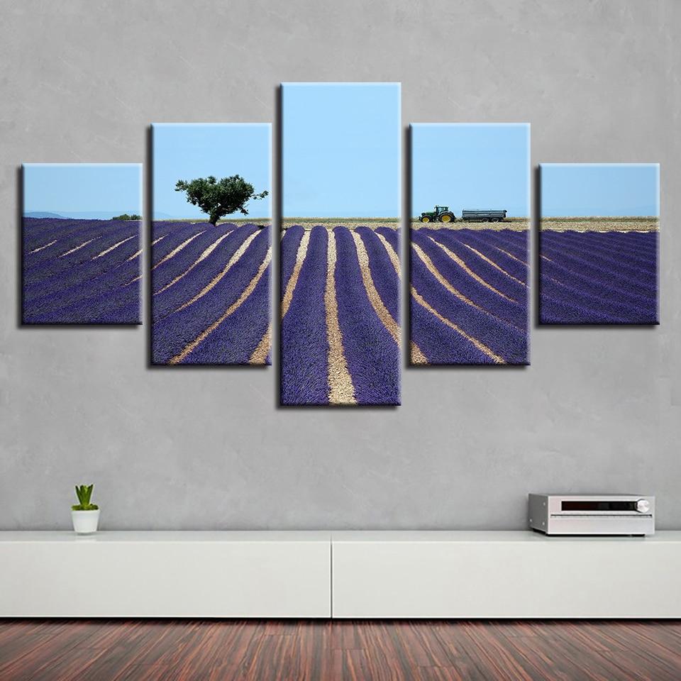 Tree And Lavender Flowers Field - Nature 5 Panel Canvas Art Wall Decor Tree And Lavender Flowers Field - Nature 5 Panel Canvas Art Wall Decor