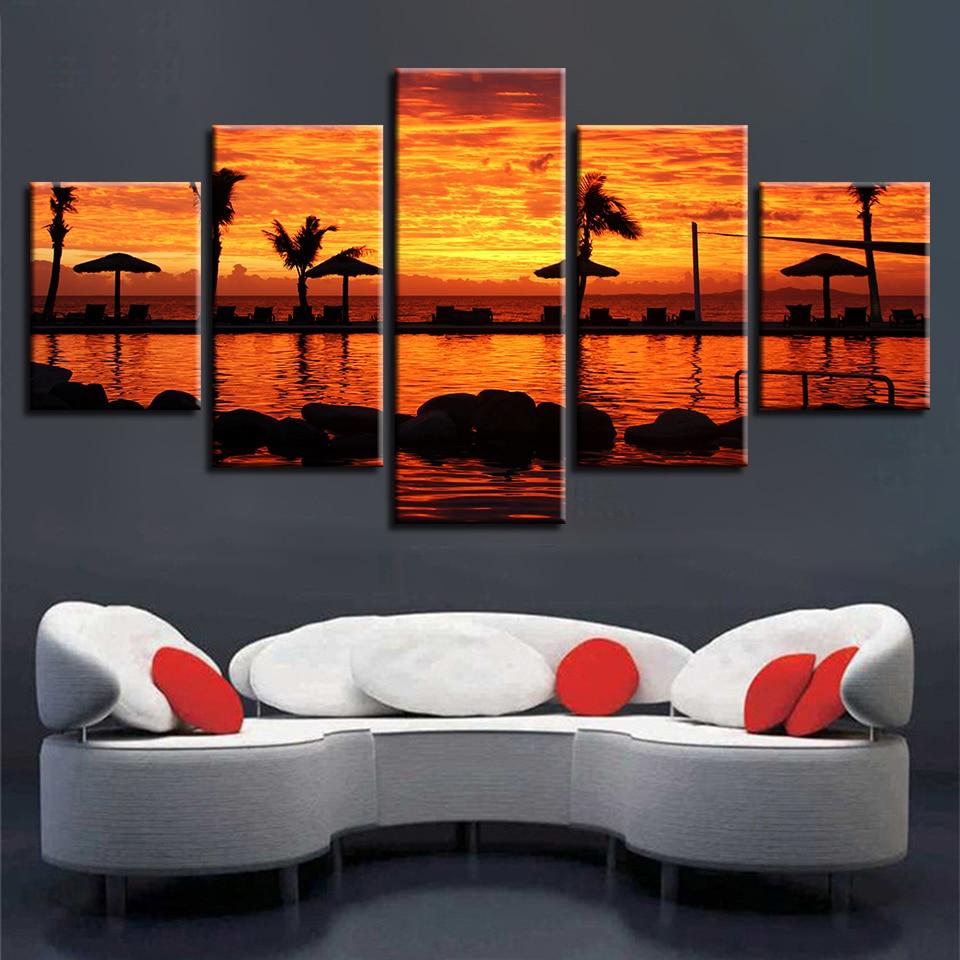 Tree And River Red Sky Sunrise - Nature 5 Panel Canvas Art Wall Decor Tree And River Red Sky Sunrise - Nature 5 Panel Canvas Art Wall Decor