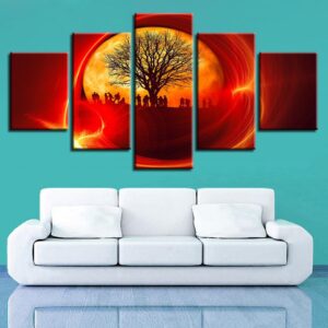 Tree And Soldier Red Sun - Army 5 Panel Canvas Art Wall Decor