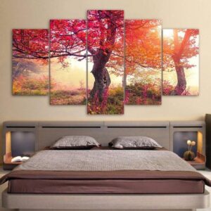 Tree Autumn Season Trees Red Leaves Beautiful - Nature 5 Panel Canvas Art Wall Decor