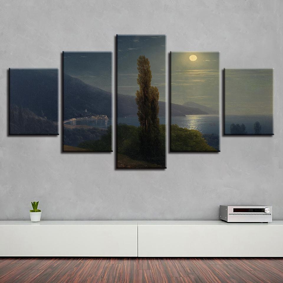 Tree Beach Mountain Moon - Nature 5 Panel Canvas Art Wall Decor Tree Beach Mountain Moon - Nature 5 Panel Canvas Art Wall Decor