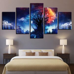 Tree Cloud Starry Sky - Abstract 5 Panel Canvas Art Wall Decor