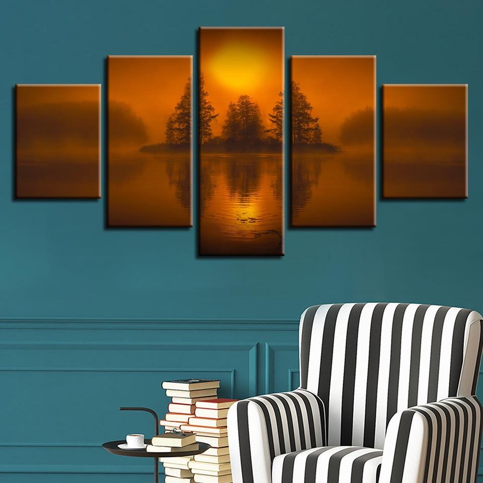 Tree Lake And Sun - Nature 5 Panel Canvas Art Wall Decor Tree Lake And Sun - Nature 5 Panel Canvas Art Wall Decor
