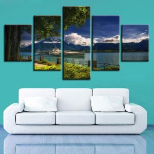 Tree Lake Boat Mountain And Blue Sky 1 - Nature 5 Panel Canvas Art Wall Decor