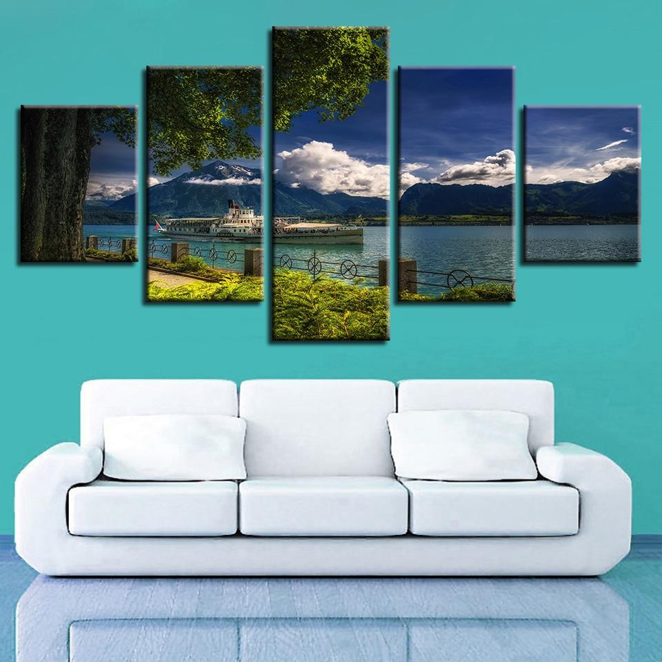 Tree Lake Boat Mountain And Blue Sky 1 - Nature 5 Panel Canvas Art Wall Decor Tree Lake Boat Mountain And Blue Sky 1 - Nature 5 Panel Canvas Art Wall Decor