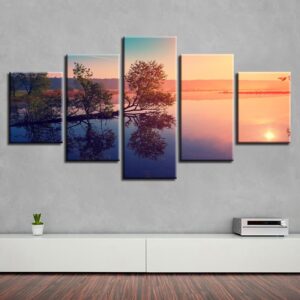Tree Lake Sun - Nature 5 Panel Canvas Art Wall Decor