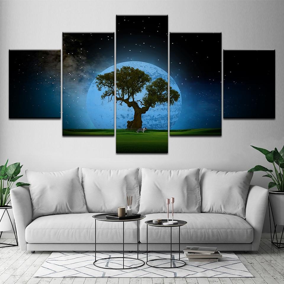 Tree Moon And Dog - Nature 5 Panel Canvas Art Wall Decor Tree Moon And Dog - Nature 5 Panel Canvas Art Wall Decor