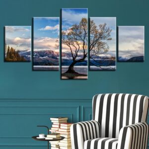 Tree Mountain Blue Sky White Cloud - Nature 5 Panel Canvas Art Wall Decor