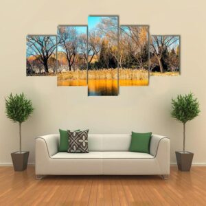Trees By The Lake In Autumn - Nature 5 Panel Canvas Art Wall Decor