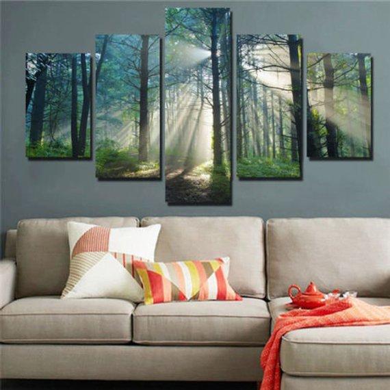 Trees Forest Sunshine 2 - Nature 5 Panel Canvas Art Wall Decor Trees Forest Sunshine 2 - Nature 5 Panel Canvas Art Wall Decor