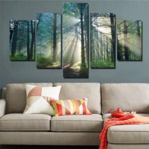 Trees Forest Sunshine - Nature 5 Panel Canvas Art Wall Decor