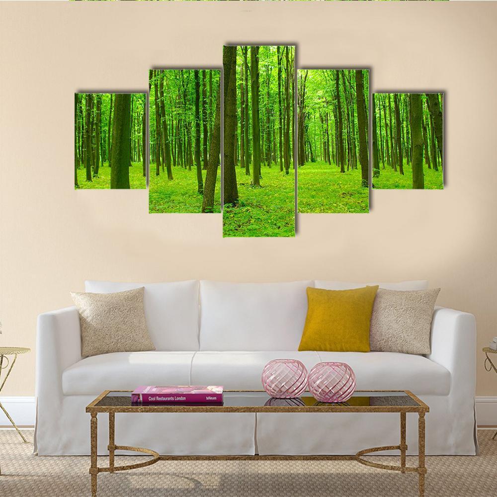 Trees In A Green Forest In Spring - Nature 5 Panel Canvas Art Wall Decor Trees In A Green Forest In Spring - Nature 5 Panel Canvas Art Wall Decor