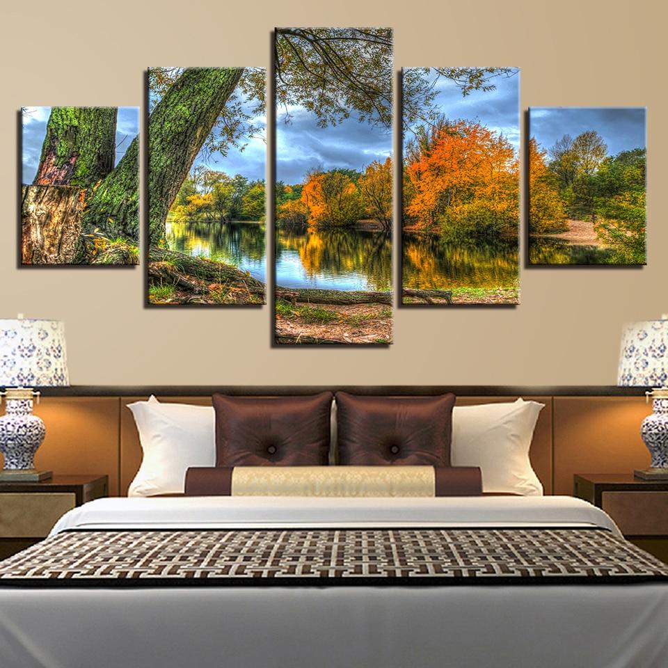 Trees Lake Forest 1 - Nature 5 Panel Canvas Art Wall Decor Trees Lake Forest 1 - Nature 5 Panel Canvas Art Wall Decor