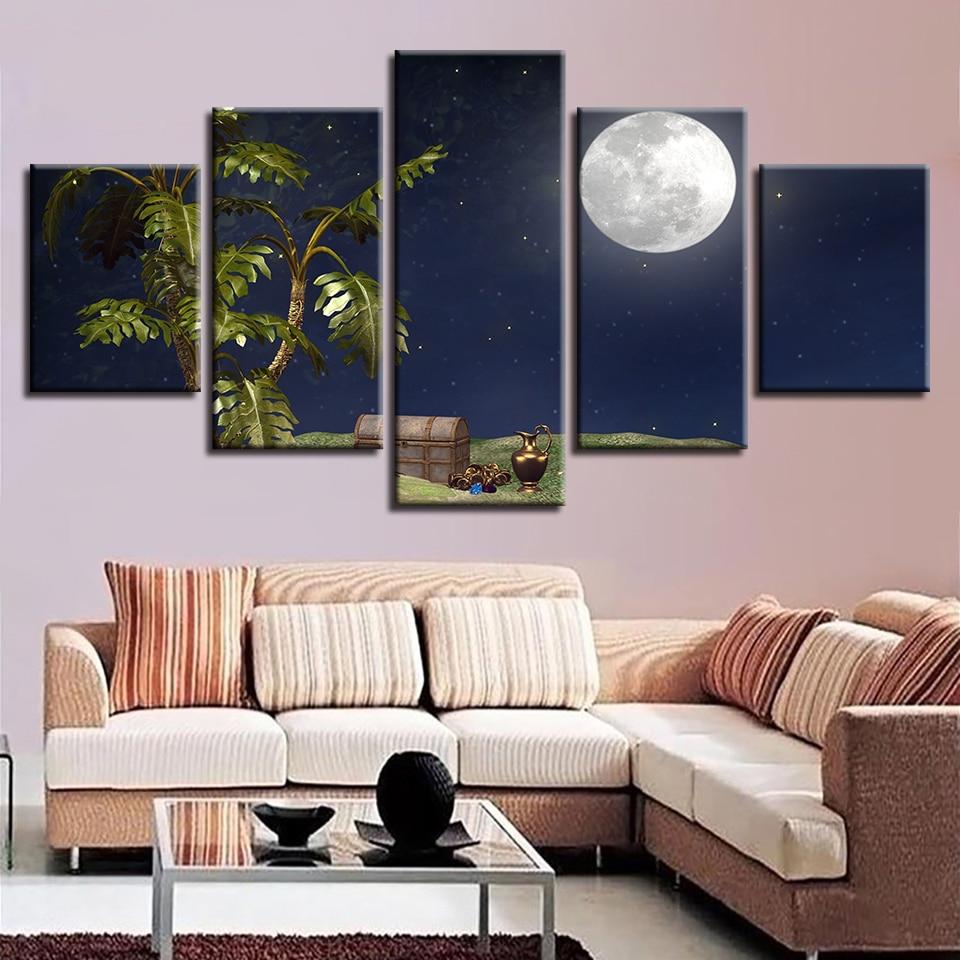 Trees Treasure Box Moon Night - Nature 5 Panel Canvas Art Wall Decor Trees Treasure Box Moon Night - Nature 5 Panel Canvas Art Wall Decor