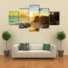 Tropical Beach At Sunset - Nature 5 Panel Canvas Art Wall Decor