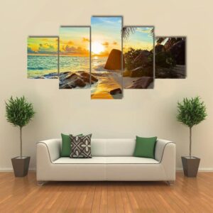 Tropical Beach At Sunset - Nature 5 Panel Canvas Art Wall Decor