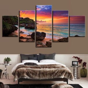 Tropical Beach Sunset - Nature 5 Panel Canvas Art Wall Decor