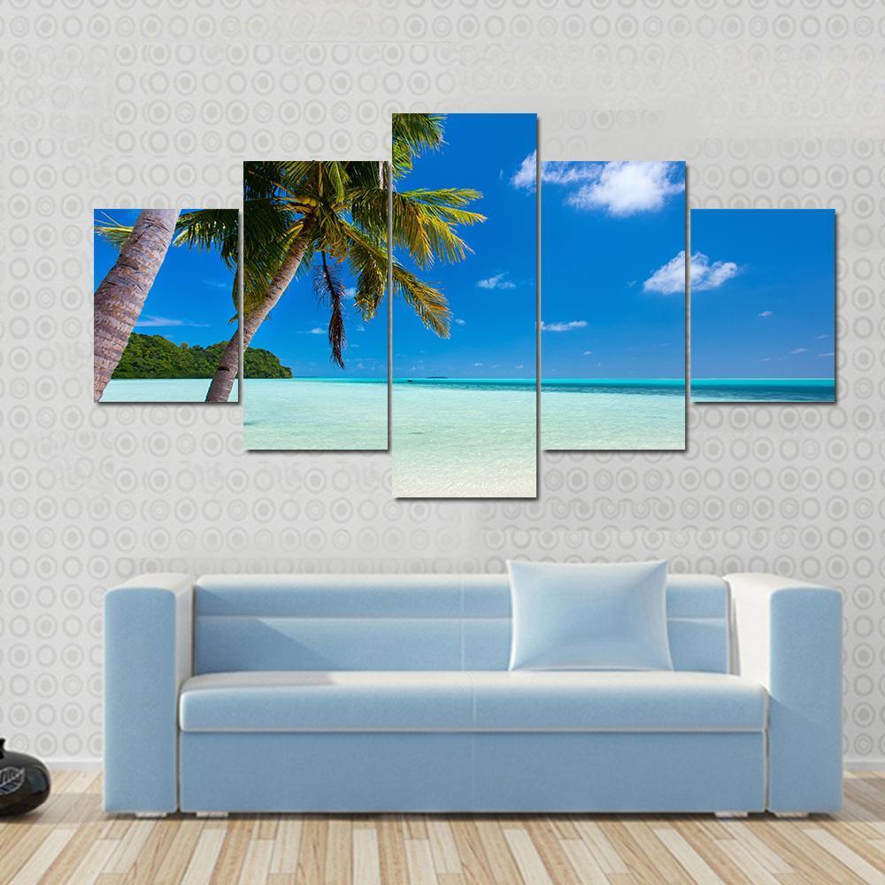 Tropical Beach With Palm Trees At Palau - Nature 5 Panel Canvas Art Wall Decor Tropical Beach With Palm Trees At Palau - Nature 5 Panel Canvas Art Wall Decor