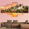Tropical Beach With Palm Trees At Sunset - Nature 5 Panel Canvas Art Wall Decor