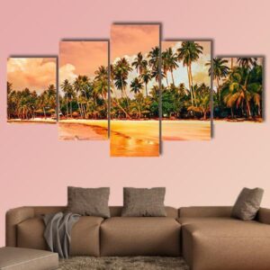 Tropical Beach With Palm Trees At Sunset - Nature 5 Panel Canvas Art Wall Decor