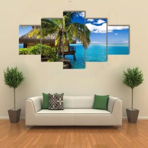 Tropical Bungalow And Palm Tree - Nature 5 Panel Canvas Art Wall Decor