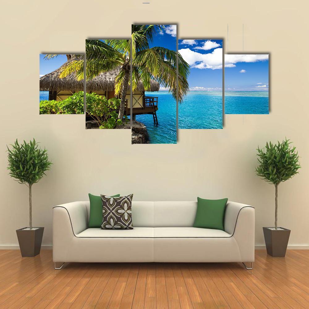 Tropical Bungalow And Palm Tree - Nature 5 Panel Canvas Art Wall Decor Tropical Bungalow And Palm Tree - Nature 5 Panel Canvas Art Wall Decor