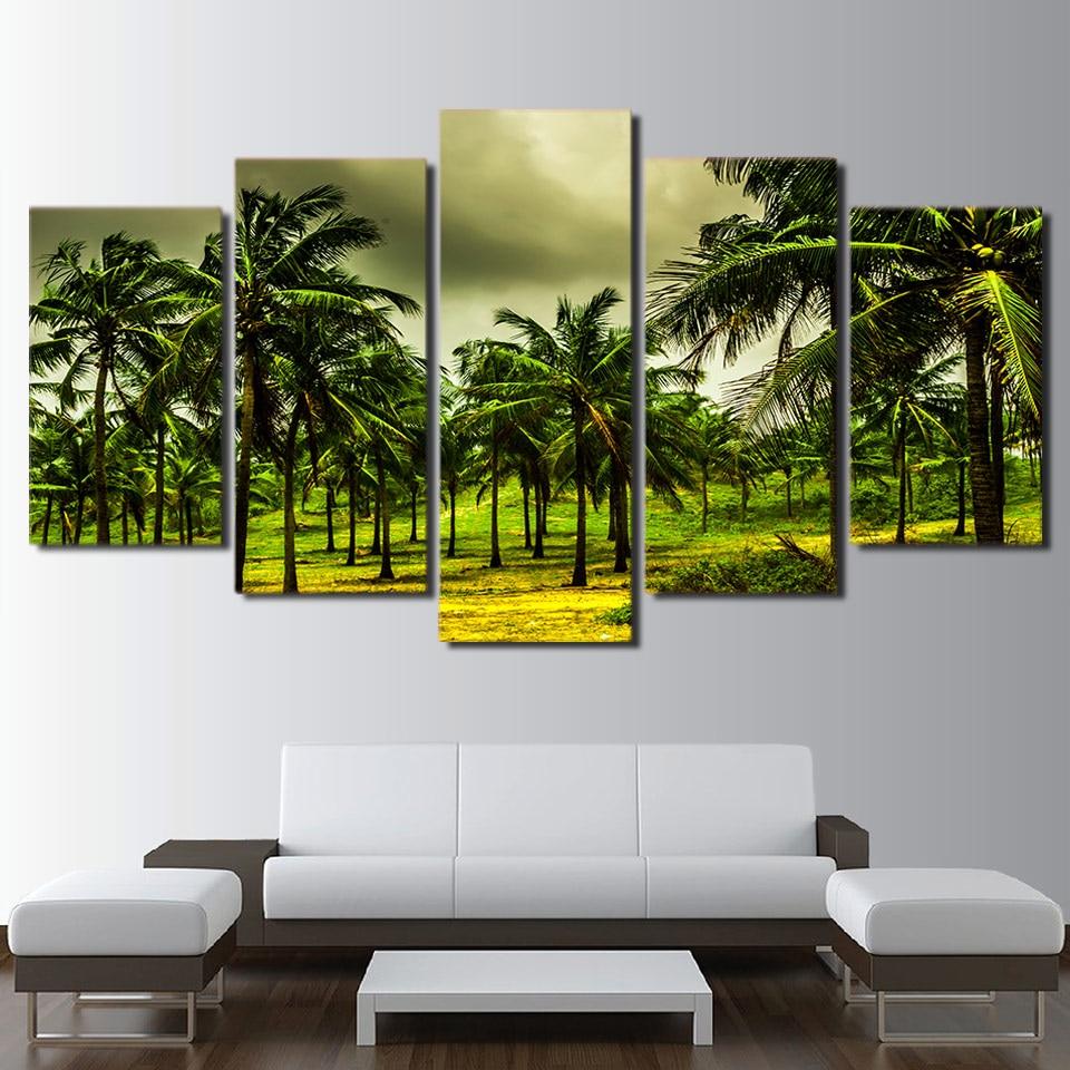 Tropical Coconut Grove - Nature 5 Panel Canvas Art Wall Decor Tropical Coconut Grove - Nature 5 Panel Canvas Art Wall Decor