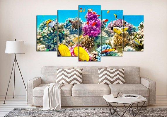 Tropical Coral Reef Fish Corals - Ocean 5 Panel Canvas Art Wall Decor Tropical Coral Reef Fish Corals - Ocean 5 Panel Canvas Art Wall Decor