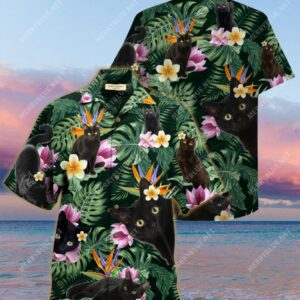 Tropical Flower And Black Cat All Over Printed Hawaiian Shirt