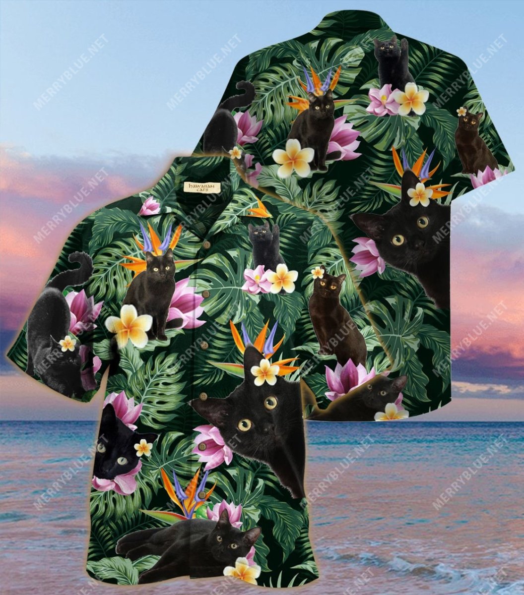 Tropical Flower And Black Cat All Over Printed Hawaiian Shirt Tropical Flower And Black Cat All Over Printed Hawaiian Shirt
