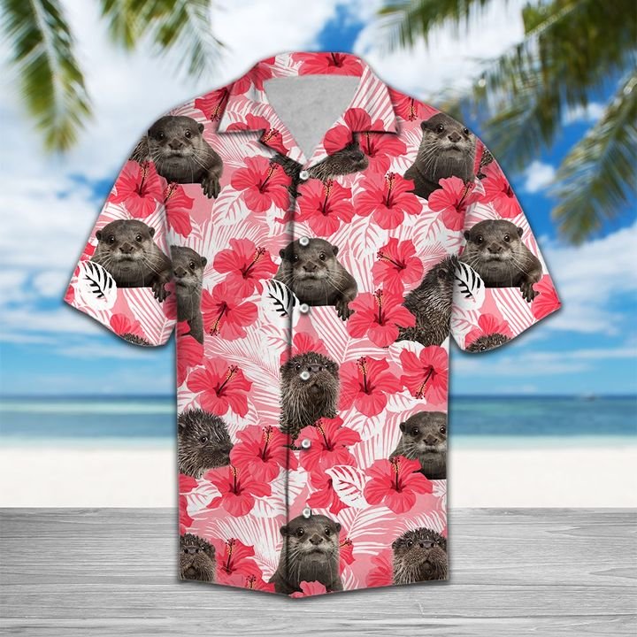 Tropical Flowers Hibiscus Otter Hawaiian Shirt Summer Button Up Tropical Flowers Hibiscus Otter Hawaiian Shirt Summer Button Up