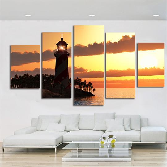 Tropical Lighthouse Sunset - Nature 5 Panel Canvas Art Wall Decor Tropical Lighthouse Sunset - Nature 5 Panel Canvas Art Wall Decor