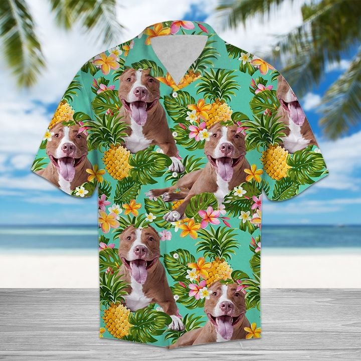 Tropical Pineapple American Pit Bull Terrier Hawaiian Shirt Summer Button Up Tropical Pineapple American Pit Bull Terrier Hawaiian Shirt Summer Button Up