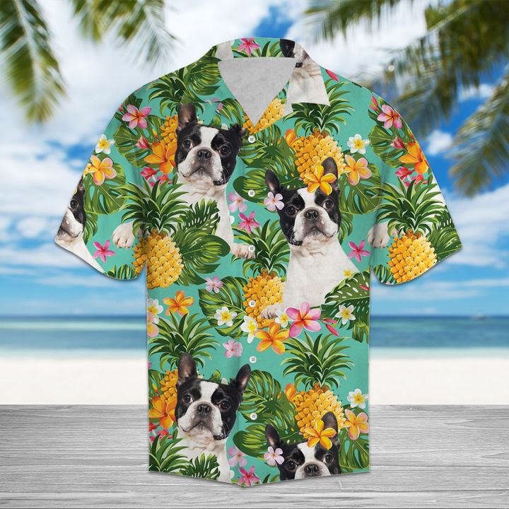 Tropical Pineapple Boston Terrier Hawaiian Shirt Summer Button Up Tropical Pineapple Boston Terrier Hawaiian Shirt Summer Button Up