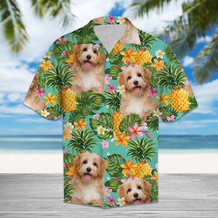 Tropical Pineapple Havanese Hawaiian Shirt Summer Button Up Tropical Pineapple Havanese Hawaiian Shirt Summer Button Up
