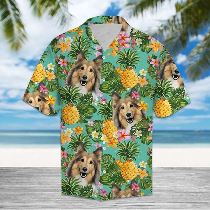 Tropical Pineapple Shetland Sheepdog Hawaiian Shirt Summer Button Up Tropical Pineapple Shetland Sheepdog Hawaiian Shirt Summer Button Up