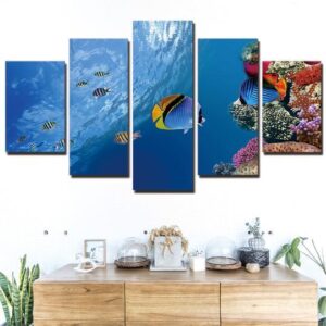 Tropical Reef And Fish - Fishing 5 Panel Canvas Art Wall Decor
