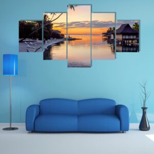 Tropical Sunset At Moorea - Nature 5 Panel Canvas Art Wall Decor