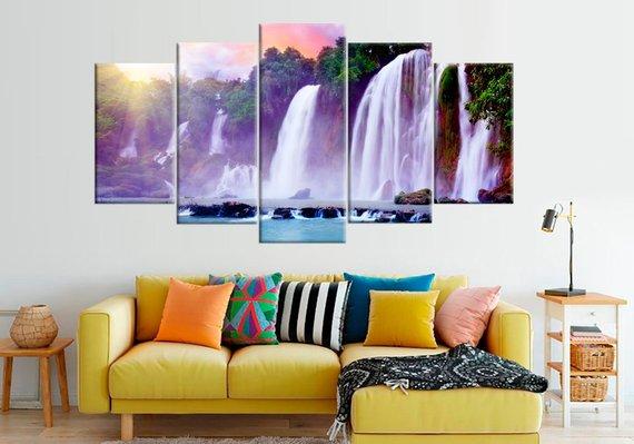 Tropical Waterfall Large Rainbow Landscape Fine - Nature 5 Panel Canvas Art Wall Decor Tropical Waterfall Large Rainbow Landscape Fine - Nature 5 Panel Canvas Art Wall Decor