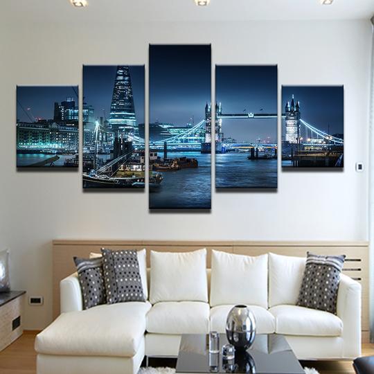Tugboats On The Thames London England - Nature 5 Panel Canvas Art Wall Decor Tugboats On The Thames London England - Nature 5 Panel Canvas Art Wall Decor