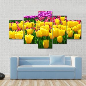 Tulips Field Yellow Flowers - Nature 5 Panel Canvas Art Wall Decor
