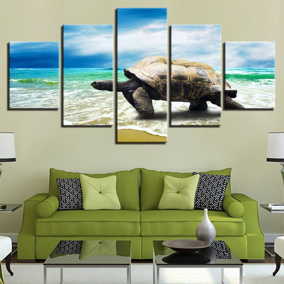 Turtle Crawling On The Beach Sea Waves - Animal 5 Panel Canvas Art Wall Decor Turtle Crawling On The Beach Sea Waves - Animal 5 Panel Canvas Art Wall Decor