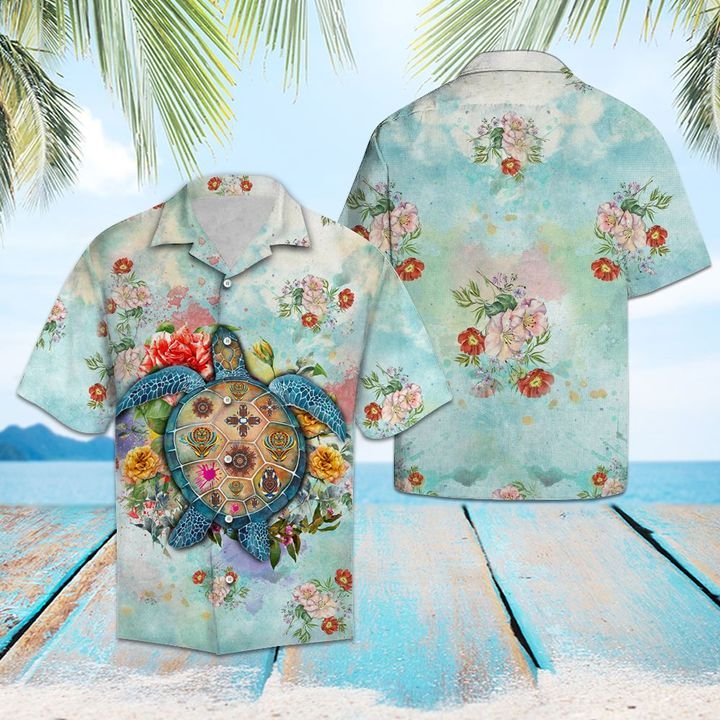 Turtle Flower Summer Hawaiian Shirt Summer Button Up Turtle Flower Summer Hawaiian Shirt Summer Button Up