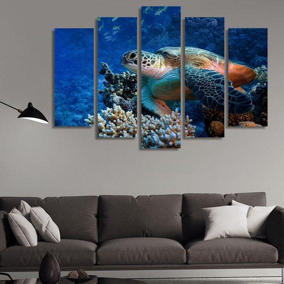 Turtles In The Ocean - Animal 5 Panel Canvas Art Wall Decor Turtles In The Ocean - Animal 5 Panel Canvas Art Wall Decor